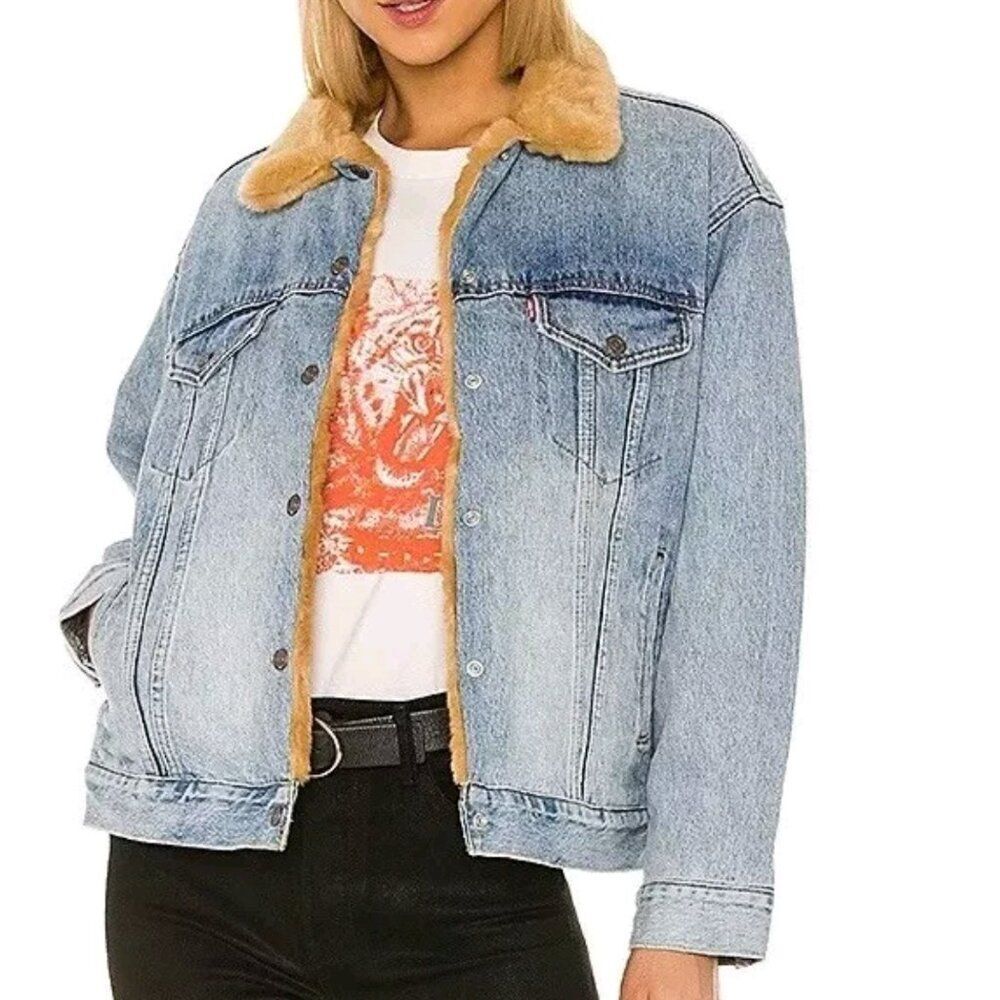 Levis Faux Fur Lined Denim Trucker Jean Jacket Size XS Oversized Anthro Blue - Picture 13 of 13